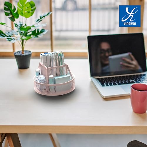 YINGHUA Metal Mesh Desk Organizer with 5 Compartments and Rotating Pencil Holder Pen and Stationery Organizer for Office Home School Anti Slip Base Pink - color: Pink