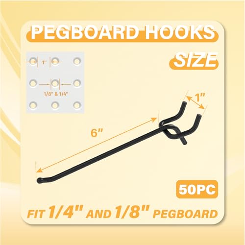 50PC 6" Pegboard Hooks for 1/4" Peg Board | Heavy Duty Black Metal Pegboard Hooks for Tools & Supplies, 30 lb Capacity Organizer Accessories for Garage, Store - size: 6 Inch