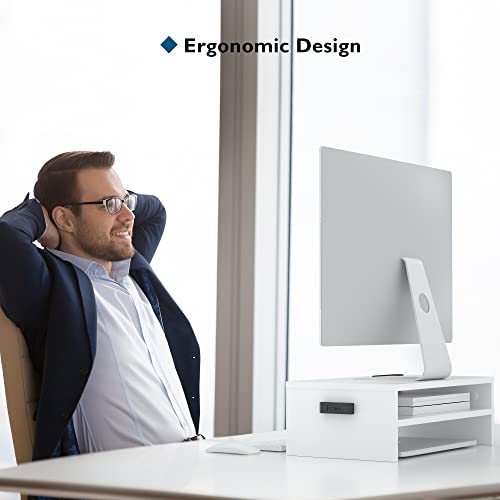 BONTEC Wooden Monitor Stand Riser for Desk, 2-Tier Computer Monitor Stand with Storage, 66 lbs Desk Shelf Organizer, Laptop & Printer Stand with Phone Holder and Cable Management, White, 16.5 Inch - color: White, size: 16.5 Inch