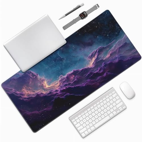 Large Gaming Mouse Pad with Purple Cloud Design, 35.4x15.7 Inch Extended Desk Mat, Soft Cloth Surface with Anti-Slip Rubber Base for Keyboard and Mouse - color: Purple Clouds