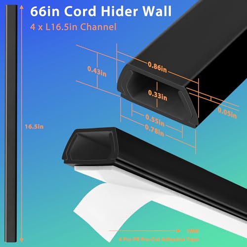 66in YCLYC Wire Covers for Cords Kit, Black Wall Cord Hider Hide Cords, Cord Covers for Wires on Wall, TV Cable Hider Wall Kit, Easy to Install Cord Cover, Cable Management Wall 4XL16.5 W0.86 H0.43in - color: Black, size: Small-66in