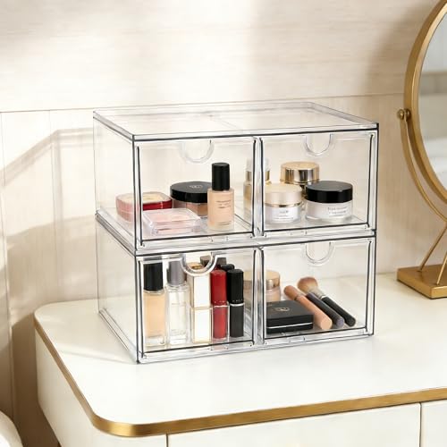 Prsildan Acrylic Storage Drawers Clear Makeup Organizer with 4 Drawers | Transparent, Stackable, For Vanity Bathroom Kitchen Cabinets Office Desk Undersink, Cosmetics Toiletries Home Small Items - style: Style2-4Drawers