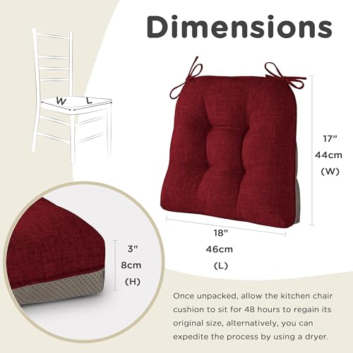 AddGrace Chair Cushions for Dining Chairs Set of 1 Kitchen Seat Cushions with Ties and Non Slip Backing Tufted Indoor Seat Pad for Kitchen Dining Room 18" x 17" x 3" Burgundy - color: Burgundy
