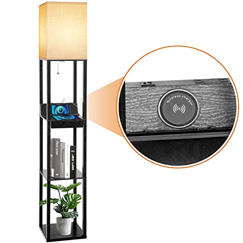 Floor Lamp with Shelves, RUNTOP LED Shelf Floor Lamp with Wireless Charger & 2 Charging USB Ports & Drawer, AC Outlet, 3 Color Temperature Tall Standing Lamp with Bulb for Living Room, Bedroom, Office - color: Black-Wireless Charger + Drawer