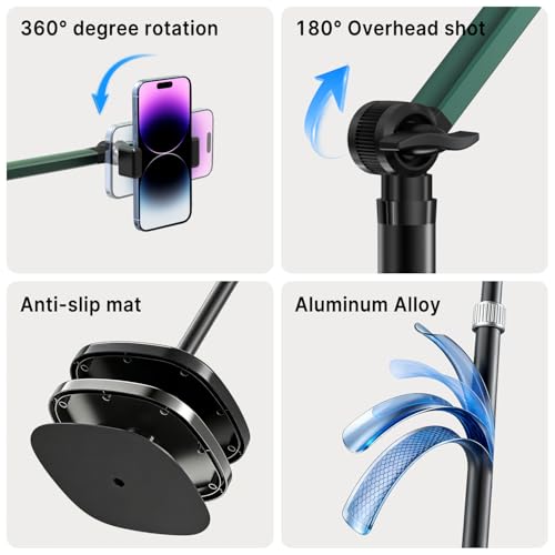 Overhead Phone Mount with Light, Cell Phone Stand for Video Recording, 360 Degrees Swivel Tilt Adjustable Floor Camera Filming Tripod. Content Creator Phone Holder, for iPhone/Android (L11)