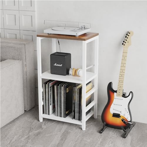 YAKANJ End Table with LED Light,Record Player Stand with Albums Storage,Vinyl Records Storage,Turntable Stand Side Table for Music Room Studio Living Room Bedroom-White - color: White