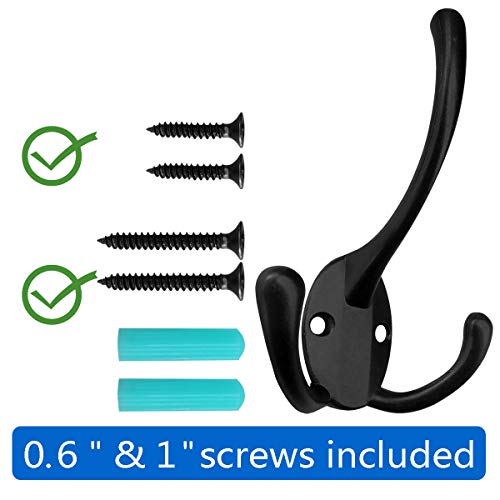 IBosins 6 Pack Big Heavy Duty Three Prongs Coat Hooks Wall Mounted with 24 Screws (Two Types of Screws Included) Retro Double Utility Rustic Hooks for Thick Coat, Big Heavy Bags (6 Pack) - color: Black