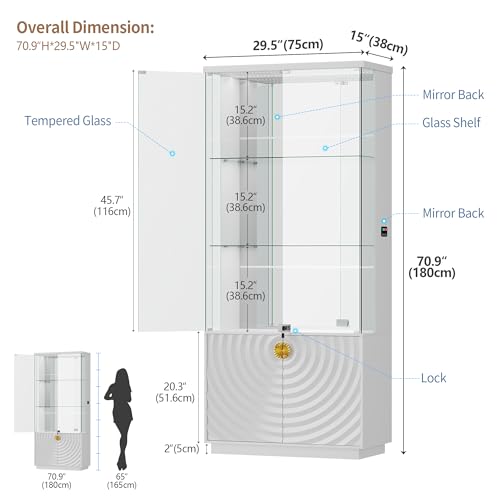 Lvifur 71'' Display Cabinet with Glass Doors,4-Tier Curio Cabinet with 3-Color Lights for Collectibles,Lockable Glass Display Case Human Body Sensor,Tall Bookcase w/Shelves&Drawers,White - color: White-71" Rgb