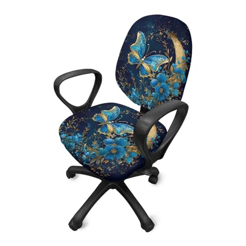 Butterfly Flower Office Chair Covers Stretchable Office Chair Seat Cover Removable Dorm Computer Rotating Chair Slipcover Desk Accessories Split Rotating Swivel Chair Padded Protector - color: Blue Butterfly Flower