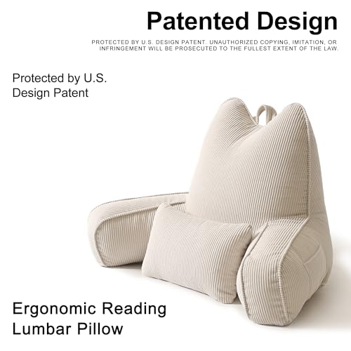 Patented Design Reading Pillow with Arms for Sitting Up, 2-in-1 Bed Rest Pillow with Detachable Lumbar Support, Backrest Support Cushion for Couch with Side Pockets & Handle, Beige Gray - color: Beige Gray