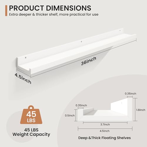 Fun Memories Picture Ledge Shelves Set of 2, 36 Inch Rustic Wall Mounted Floating Shelves with Lip for Home Storage and Décor in Bathroom, Kitchen, Nursery, Bedroom, Living Room, White - color: White, size: 36 inch, Set of 2