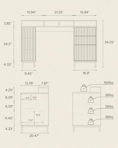 55'' Fluted Executive Desk with Drawers, Modern Home Office Computer Desk with Charging Station, File Drawer, Monitor Stand, Storage Shelf for Work Writing Study, Brown - color: Brown, size: 55.1"W x 21.6"D x 34.2"H