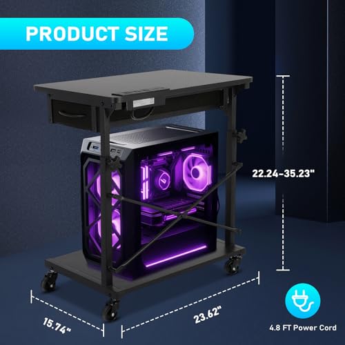PC Tower Stand, Computer Tower Stand Under Desk,PC Stand for Floor with Drawer & 2 Lockable Castors,2 Tier Computer Cart for ATX Case,Office,Game Rooms,Study Room
