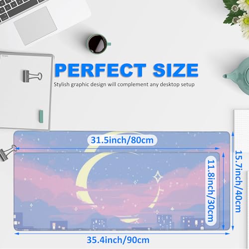 Desk Mat, Anime Moon City Night Scene Extended Gaming Mouse Pad Large, 31.5"x11.8" Big Mouse Pad with Non-Slip Base and Stitched Edge, Long Computer Keyboard Mouse Mat for Home Office Work - color: Moon Night Scene, size: 31.5"x11.8"