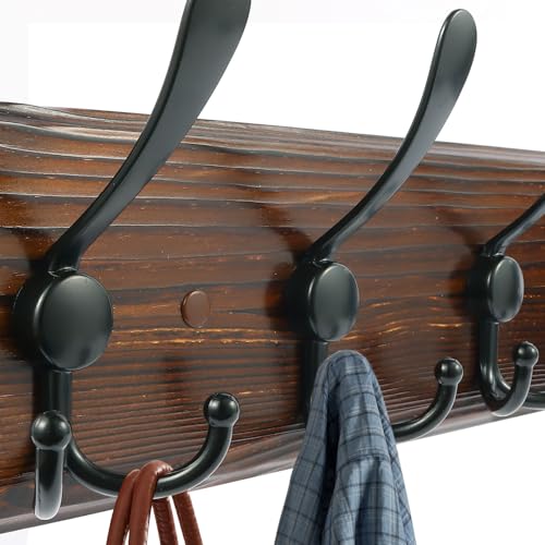 2 Pack Coat Rack Wall Mount 16.8'' Rustic Hat Rack with 5 Triple Hooks Coat Hooks Wall Mount Farmhouse Wall Hooks for Hanging Coat, Bags, Towels - color: Brown Plate & Black Hook, size: 2 Item-5 Hooks