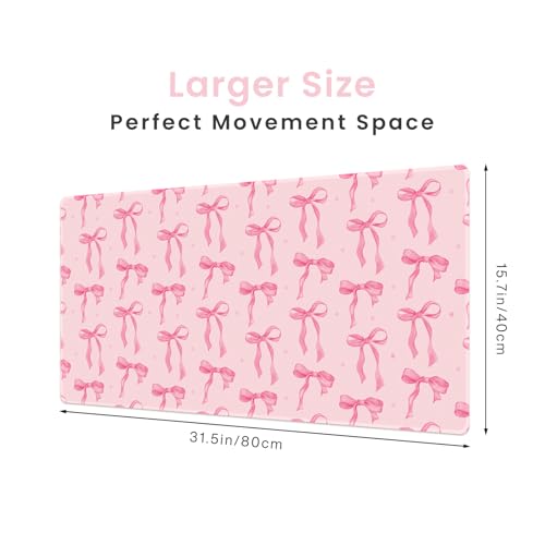 Pink Desk Mat with Bows, Cute Mouse Pad for Computer Laptop PC Non-Slip Rubber Base Gaming Keyboard Pad, Large Office Mat Girly Décor Office Supplies Desk Accessories for Teen Girls Women 31.5 x 15.7 - color: Dark Pink, size: 31.5" x 15.7"