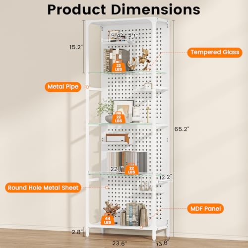 Saudism Glass Display Shelf for Collectibles, LED White Shelf, Curio Cabinet, Lighted Tall Narrow Shelf with Pegboard Steel Frame for Gaming Room, Floor Lamp with Shelves, Living Room, Bedroom (Large) - color: White, size: Large