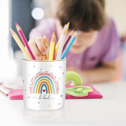 Pen Holder, Ceramic Durable Pencil Cup for Desk, Simple&Modern Style Makeup Organizer, Cute Multifunctional Office Supplies for Home, Kids and School, Rainbow Pattern - color: Rainbow Pattern