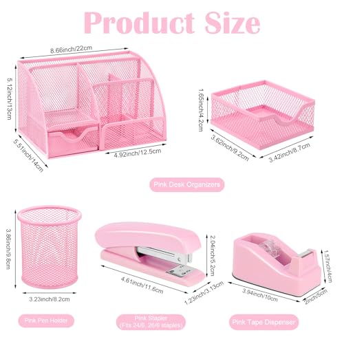 auroray Pink Desk Organizers and Accessories, Pink Office Supplies Include Mesh Desk Organizer, Tape Dispenser, Stapler, 1000 Staples, Staple Remover, Pen Holder, Clips Set, Ruler, Scissors - color: Pink