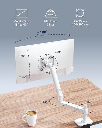 Ergounion Heavy Duty Single Monitor Arm, Mechanical Spring Desk Mount for 13-40 Inch Ultrawide Screens, Holds up to 25lbs, High-Grade Aluminum VESA Mount with C-Clamp & Grommet Base, No-Droop, White - color: White, size: Single