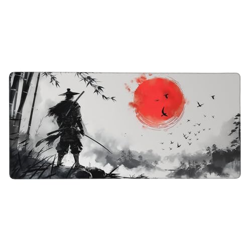 Extra Large Gaming Mouse Pad, Samurai and Bamboo Forest Japanese Style, Non-Slip Rubber Base, Stitched Edges, 35.4 x 15.7 Inches - color: Samurai & Red Sun
