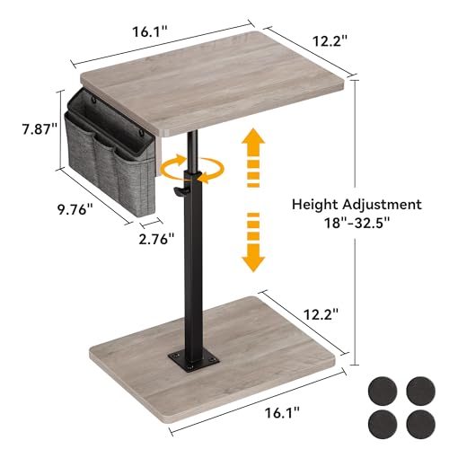 Vagusicc Sofa Armrest Tray Table for Couch, 360° Swivel Height Adjustable TV Tray Table for Small Spaces, Snack Side Table for Couch, Bed, Chair, C Shaped End Side Table for Eating, Reading, Laptop - color: Greige, style: With Storage Bag