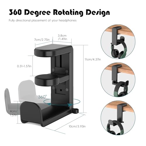 Rotating Headphone Hook - Under Desk Headphone Holder with 360-Degree Adjustable Rotation&Cable Clip Organizer - Black