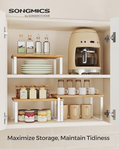SONGMICS Cabinet Organizer Shelf, Set of 3 Kitchen Counter Shelves, Kitchen Storage, Spice Rack, Stackable, Expandable, Cloud White and Natural Beige UKCS014YL02 - color: Cloud White + Natural Beige
