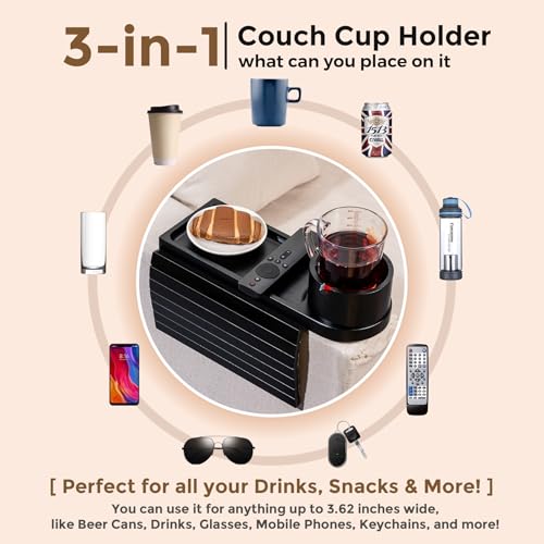 Couch Cup Holder for Armrests Over 4.9" Wide, Bamboo Couch Arm Tray with 360° Rotating Phone Stand, 3 in 1 Foldable Sofa Arm Tray Table for Remote, Snacks, Phone, Drinks Walnut - color: Walnut+bamboo