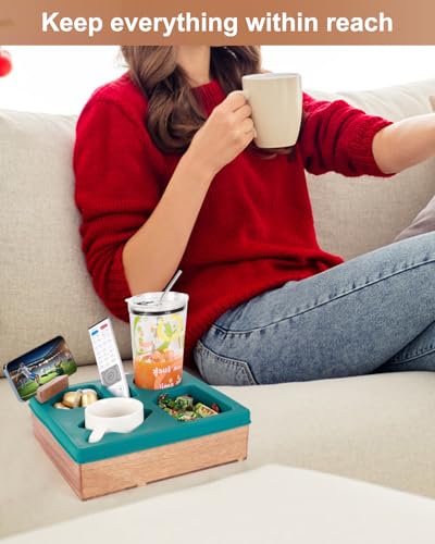 Couch Cup Holder Tray, Silicone Wooden Couch Caddy with Cup Holder for Snacks, Drinks, Remotes, Waterproof Cup Holder for Couch, Organizer, Couch Drink Holder - color: E-green