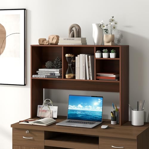 Giantex Desktop Bookshelf, Countertop Storage Hutch with 4 Shelves for Computer Desk, Dressing Tabletop Display Rack, Multipurpose Desk Hutch Storage Organizer for Home Office Dorm (Walnut) - color: Walnut, size: 4 Shelves (28.5"H)