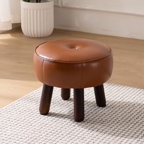 oakvivo Small Foot Stool, Round Faux Leather Pouf Ottoman Foot Rest, Footstool Ottomans with Rubber Legs Under Desk, 13''L x 13''W x 10.2''H, Footrest for Couch, Living Room, Bedroom, Hallway, Brown - color: Brown