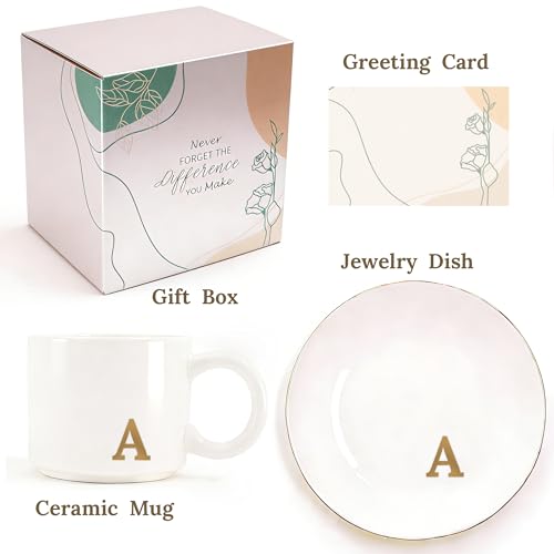 RainVibe Elegant Gift Set for Women – Personalized Monogram Ceramic Mug & Jewelry Tray – 12 oz Gold-Initial Coffee Cup with Gift Box, 4.75" Decorative Dish for Rings, Earrings, Keys (Letter A) - color: Letter A