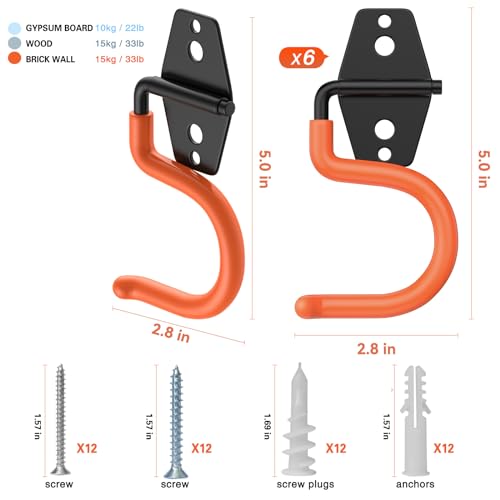 HUPBIPY 6 Pack Metal Garage Hooks, Heavy Duty S Hooks Tool Hangers for Garage Wall, Shed, Garden Storage Organizer - color: Orange S Hook