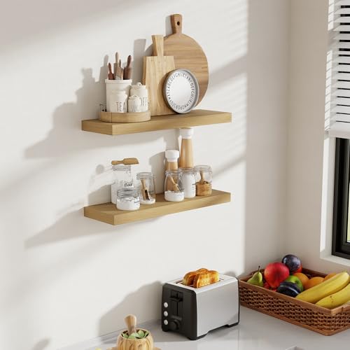Acovy 24 Inch Floating Shelves, 8 Inch Deep Floating Shelves for Wall, Hanging Shelf with Invisible Brackets, Deep Shelves for Bathroom, Bedroom, Living Room, Oak, Set of 2 - color: Oak, size: 8"Wx24"L-2pcs