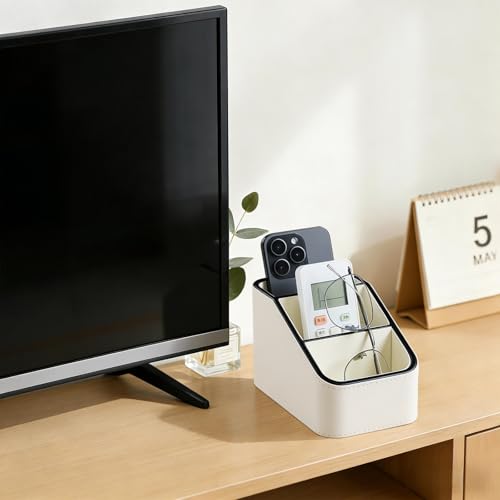 PU Leather Remote Control Holder, Small Desk Organizer Office Supply Bedside Caddy for Nightstand End Table Couch, Pen Remote Organizer with 3 Compartments (Cream) - color: Cream