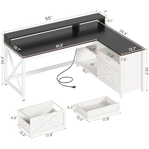SEDETA Corner Computer Desk, 55" L Shaped Gaming Desk with Storage Drawers and Power Outlet, Farmhouse Corner Gaming Desk with Storage Shelves and LED Lights for Home Office, Black - color: Black