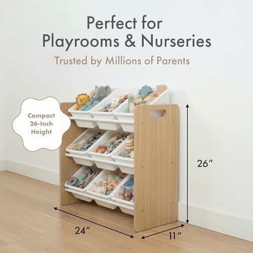 Humble Crew Toy Storage Organizer with 9 Removable Storage Bins for Kids Playroom, 3-Tier Toy Organization, Natural Wood/White - color: Natural Wood/White