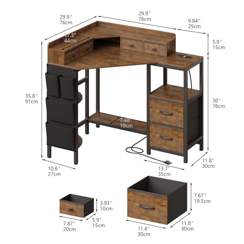 VENNQD Corner Desk with 6 Fabric Drawers Shelves for Small Space Computer Desk with Power Outlets,Gaming Desk with Printer Monitor Stand Storage for Home Office Workstation Writing Table Brown - color: Rustic Brown