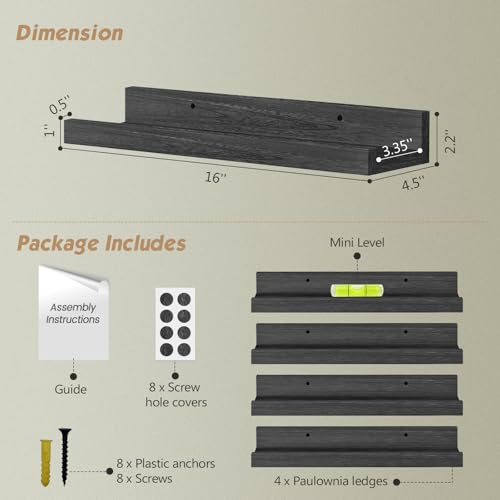 Forbena Black Picture Ledge Shelf, Floating Shelves with Lip for Wall, Small Wall Shelves for Bathroom Bedroom Kitchen Office Living Room Books, Art Pictures, Photo Frame, Plants (4-Pack, Real Wood) - color: Black, size: 16 Inch