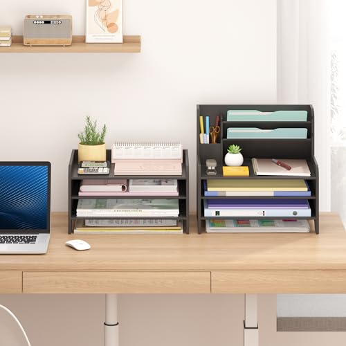 Bamboo Desk Organizer Mail Holder Countertop Letter Tray Wood File Organizer for Desk Letter Sorter Wood Paper File Storage for School Home Office Supplies - color: Black, size: Small