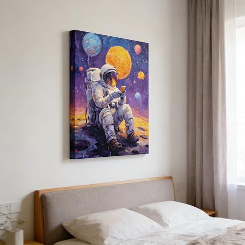 Canvas Wall Art Framed Astronaut Space Galaxy Planet Vibrant Colorful Whimsical Fun Pop Art Modern Textured Impressionist Wall Decor for Teen Boy Bedroom Dorm Kids Room Outer Space Decor 12x16 Inches - color: astronaut, size: 16"L x 12"W