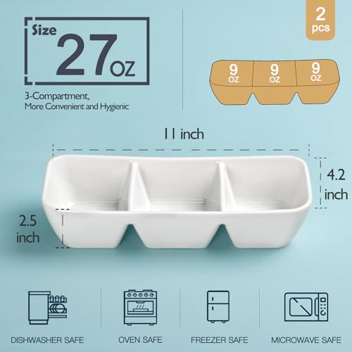 Ceramic Divided Serving Tray 11 Inch, 3 Compartment White Condiment Tray Set of 2, Stackable Chip and Dip Serving Dish for Entertaining, Appetizer Snack Platter for Party Holiday Game Day