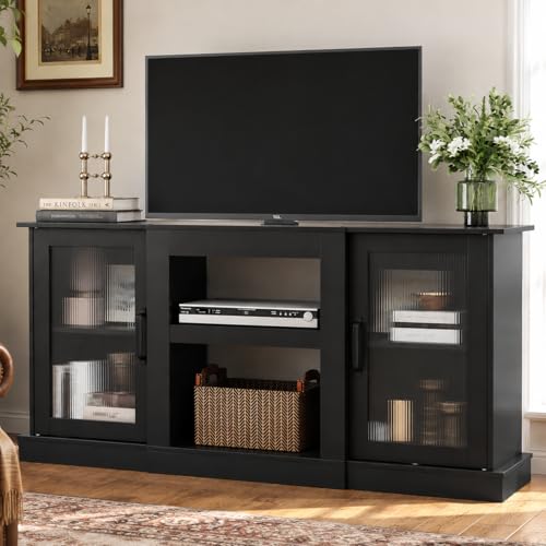 WLIVE 58" Farmhouse TV Stand for 65/60/55 Inch TVs, Tall Entertainment Center with Storage Cabinets & Adjustable Shelves, Modern Media Console Table with Acrylic Doors for Living Room Bedroom, Black - color: Black, size: 58'' Farmhouse TV Stand