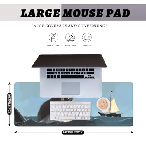 Funny Black Cat Mouse Pad Cute Ocean Shark Sailing Ship Mousepad Extended Large Laptop Keyboard Non-Slip Rubber Base with Stitched Edges for Home 31.5x11.8 in - color: Funny Black Cat, size: 31.5L x 11.8W inches