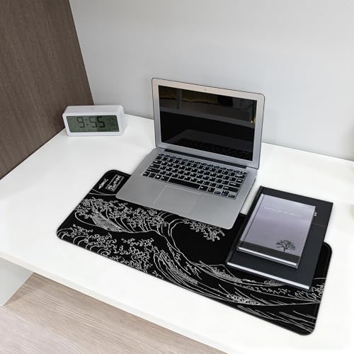 Gaming Mouse Pad, Large 31.5 x 11.8 inches Mousepad, Long Keyboard Pad, Cute Mouse Mat for Computer with Stitched Edges and Non-Slip Base (Black Japanese Wave) - color: Black Japanese Wave