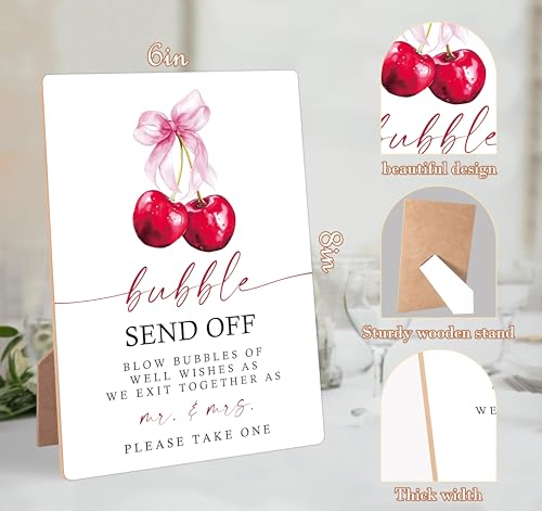 Cherry Wedding Signs for Reception, Pink Bow Bubble Send Off Sign, Berry Wooden Wedding Signs with Stand, Pink Bow Theme Bridal Shower Decorations, Bridal Shower Party Supplies for Reception, 11 - color: Cheery11