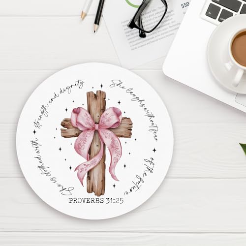 Coquette Pink Bow Cross Christian Mouse Pad, Mouse Pads for Desk, Proverbs 31 Woman Gifts, Religious Bible Verse Mousepad for Office Dorm Computer Laptop Gaming, 8.7x8.7 Inch - color: bow4