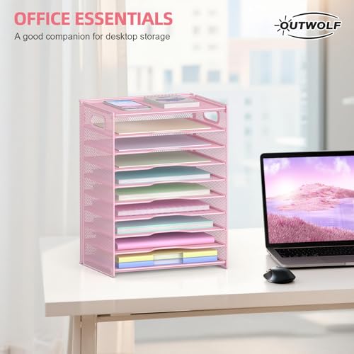 OUTWOLF 10 Tier Paper Organizer - Letter Tray Mesh Desk File Organizer with Handles for Office School Desktop, Pink - color: Pink