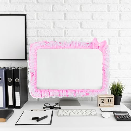 Cute Pink Lace 23"-27" Computer Monitor Screen Dust Cover with Bowknot | Lovely Pink Bow | Lace Trim | Adjustable Elastic Band - color: Pink & White Dot